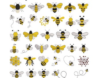 May include: A collection of machine embroidery designs featuring various bee illustrations in yellow, black, and white. The text 7 Sizes From 0.90 to 3.90 and file formats DST EXP PES HUS VIP VP3 SEW JEF XXX are displayed at the top and bottom.