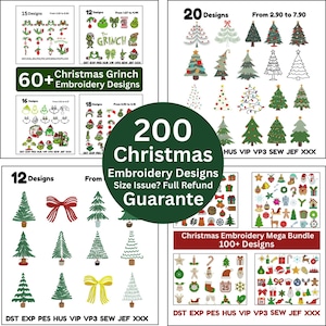May include: A selection of Christmas embroidery designs, featuring Grinch and tree motifs. The image displays a range of festive patterns, with a full refund guarantee. Designs are available in various formats for embroidery machines.