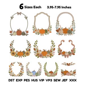 Puede incluir: Una colección de diseños de bordado digital con varias coronas y marcos de calabazas, hojas y flores. El texto 6 Sizes Each 10.03-20.19 cm aparece en la parte superior, y los formatos de archivo DST, EXP, PES, HUS, VIP, VP3, SEW, JEF, XXX están listados.