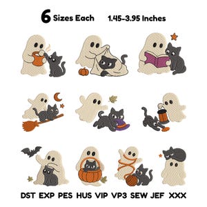 May include: Nine machine embroidery designs featuring ghosts and black cats in various poses, including reading, playing with yarn, and holding pumpkins. Text reads 6 Sizes Each 1.45-3.95 Inches and file formats DST EXP PES HUS VIP VP3 SEW JEF XXX.