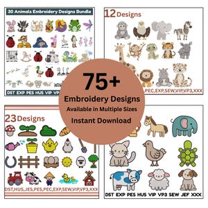 Puede incluir: Una imagen de descarga digital con diseños de bordado. La imagen se divide en cuatro secciones, mostrando diseños con temas de animales y naturaleza. El texto en la imagen dice "75+ Diseños de bordado Disponibles en múltiples tamaños Descarga instantánea."