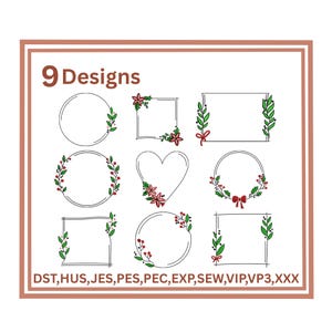 Op de afbeelding: Negen verschillende kerstborduurontwerpen in verschillende vormen, waaronder cirkels, vierkanten en een hart. Elk ontwerp is zwart omlijnd en versierd met groene bladeren, rode bessen en rode bloemen. De tekst "9 Designs" staat bovenaan.