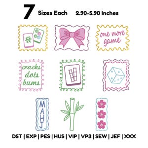 May include: A collection of nine machine embroidery designs featuring Mahjong tiles, a pink bow, a die, bamboo, and cherry blossoms. Text includes 'one more game', 'cracks dots bums', and 'MAHJ'. Seven sizes are available from 7.37-14.99 cm.