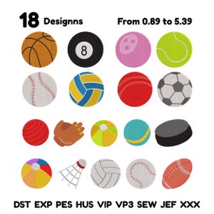 Puede incluir: Una colección de 18 diseños con temática deportiva, que incluyen una pelota de baloncesto, una bola de billar, una pelota de tenis y otros equipos deportivos. Los diseños son de varios colores y estilos, con el texto "18 Designs" en la parte superior.