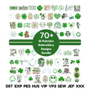 Op de afbeelding: Een verzameling van meer dan 70 borduurontwerpen voor St. Patrick's Day. De ontwerpen omvatten klavers, kabouters en geluksbrengers. De ontwerpen zijn beschikbaar in verschillende formaten, waaronder DST, EXP, PES, HUS, VIP, VP3, SEW, JEF en XXX.