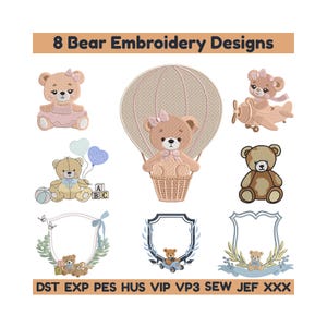 Puede incluir: Imagen que muestra ocho diseños de bordado de osos. Los diseños presentan osos de peluche en varios escenarios, incluyendo un globo aerostático y un avión. Los diseños son en tonos de marrón, rosa y azul, con el texto "8 Bear Embroidery Designs" en la parte superior.