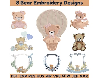 May include: An image showcasing eight bear embroidery designs. The designs feature teddy bears in various settings, including a hot air balloon, airplane, and holding balloons. The designs are in shades of tan, pink, and blue, with the text "8 Bear Embroidery Designs" at the top.