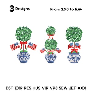 May include: Three embroidery designs featuring topiary trees in blue and white vases, adorned with American flags and red bows. The image includes the text "3 Designs".