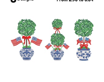 Bordado a máquina de árbol de boj con lazo patriótico del 4 de julio, bordado topiario patriótico, bandera del 4 de julio, bordado patriótico de árbol de boj chinoiserie