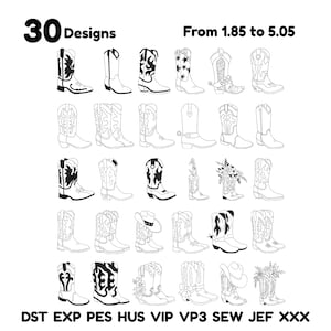 Puede incluir: Una colección de 30 diseños de botas de vaquero en blanco y negro. Las botas presentan varios patrones y estilos, incluyendo diseños florales, de estrellas y geométricos. El texto en la parte superior dice "30 Designs" y "From 1.85 to 5.05".