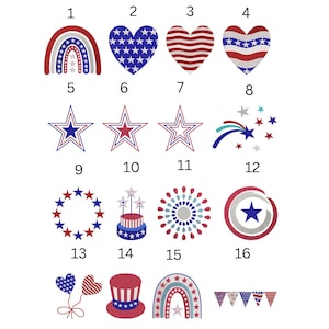 Puede incluir: Una colecci&oacute;n de dise&ntilde;os patri&oacute;ticos en rojo, blanco y azul. Los dise&ntilde;os incluyen un arco&iacute;ris, corazones, estrellas, una corona, un pastel, una explosi&oacute;n tipo fuegos artificiales, un escudo, un sombrero de copa, globos, un arco&iacute;ris y banderines.