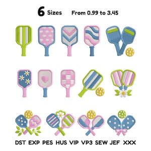 May include: A collection of machine embroidery designs featuring pickleball paddles and balls in various patterns like stripes, polka dots, hearts, and flowers. The text 6 Sizes From 0.99 to 3.45 and file formats DST EXP PES HUS VIP VP3 SEW JEF XXX are included.