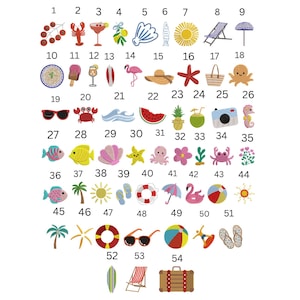 May include: A collection of embroidered summer-themed designs, including a lobster, cocktail, seashell, sun, beach chair, sunglasses, watermelon slice, and more. The designs are in various colors and styles.