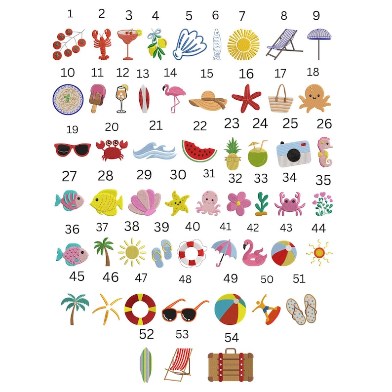 May include: A collection of embroidered summer-themed designs, including a lobster, cocktail, seashell, sun, beach chair, sunglasses, watermelon slice, and more. The designs are in various colors and styles.
