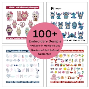 May include: A collection of embroidery designs, including cartoon characters and coastal themes. The image features multiple panels showcasing various designs, with text indicating over 100 embroidery designs available.