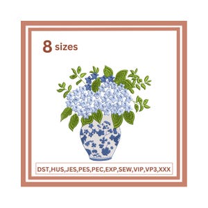 Könnte beinhalten: Eine Illustration einer blau-weißen Blumenvase, gefüllt mit blauen und grünen Hortensien. Das Bild ist mit einem braunen Rahmen versehen und enthält den Text "8 Größen" und eine Liste von Dateiformaten.