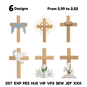May include: Six embroidered cross designs are displayed, each with unique embellishments. The crosses are a light brown color. The image includes text that reads "6 Designs" and "From 0.99 to 2.52". Below the crosses are file format abbreviations.