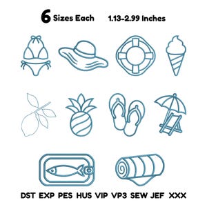 May include: A collection of ten blue outline embroidery designs featuring a bikini, sun hat, life preserver, ice cream cone, lemon, pineapple, flip-flops, beach chair with umbrella, sardine tin, and rolled towel. Text reads 6 Sizes Each 1.13-2.99 Inches.