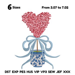 May include: An embroidered design featuring a heart-shaped topiary with a light blue bow and a decorative pot. The design includes the text "6 Sizes" and "From 3.07 to 7.02".