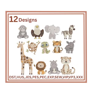 Puede incluir: Imagen con 12 diseños de animales, incluyendo un mono, un águila, un elefante, una cebra, una jirafa, un mono, un lagarto, un tigre, un rinoceronte, un león, un hipopótamo y un guepardo. El texto "12 Designs" está en la parte superior.