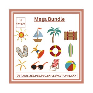 May include: A collection of 12 summer-themed designs, including a sun, sailboat, palm tree, suitcase, flip-flops, surfer, life preserver, surfboard, starfish, sunglasses, beach chair, and beach ball. The text "Mega Bundle" is displayed at the top.