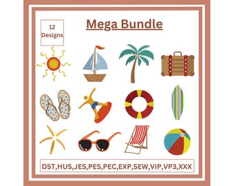 Paquete de diseño de bordado de mini playa, bordado de verano, diseño de bordado de paraguas, conjunto de palmeras, mini paquete de bordado de verano, mini bordado de verano
