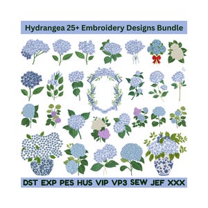 May include: A collection of 25+ embroidery designs featuring various blue and purple hydrangea flowers and arrangements. The designs include individual blooms, bouquets, and floral frames. Text at the top reads "Hydrangea 25+ Embroidery Designs Bundle".