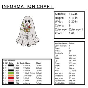May include: An information chart with a ghost design holding a bouquet of flowers. The ghost is white with black eyes, and the flowers are in shades of orange, pink, and green. The chart includes measurements and color information.