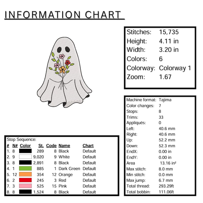 May include: An information chart with a ghost design holding a bouquet of flowers. The ghost is white with black eyes, and the flowers are in shades of orange, pink, and green. The chart includes measurements and color information.