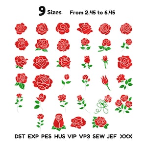 Red Rose Embroidery Design Bundle,Spring Flower Stitch Pattern,Rose Flower & Leaves Machine Embroidery,Romantic Floral Embroidery Bundle