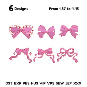 May include: Six pink bow designs with red stitching are displayed. The bows vary in style, some with ribbons, hearts, and decorative edges. The text "6 Designs" and file type abbreviations are also present.