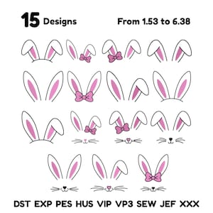 Könnte beinhalten: Eine Sammlung von 15 Designs für Osterhasenohren in verschiedenen Stilen. Die Ohren sind weiß mit rosa Innenflächen, einige mit rosa Schleifen und Schnurrhaaren. Text enthält "15 Designs" und Dateityp-Abkürzungen.