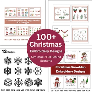May include: A collection of Christmas embroidery designs, including snowflakes, snowmen, and festive ornaments. The image showcases various design sets, with text indicating a mega bundle of over 50 designs and a guarantee.