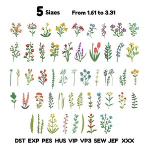 May include: A collection of various embroidered flower and plant designs in multiple colors including red, yellow, blue, purple, and green. The text 5 Sizes From 1.61 to 3.31 appears at the top, and file formats DST, EXP, PES, HUS, VIP, VP3, SEW, JEF, XXX are at the bottom.