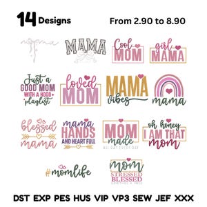 Paquete de diseños de bordado de mamá, archivos de bordado a máquina para la maternidad, diseño de bordado para el Día de la Madre, descarga digital de "Mamá con linda escritura"