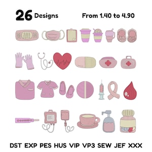 Puede incluir: Una colección de 26 diseños con temática médica en tonos rosas y morados. Los diseños incluyen una tirita, mascarilla, portapapeles, tazas de café, zapatos de bebé, guantes, estetoscopio, corazón, pastilla, gorro médico, botiquín, batas, zapatos, jeringa, cinta, gota de sangre, termómetro, bolsa de suero, dispensador de jabón y frasco de medicamentos.