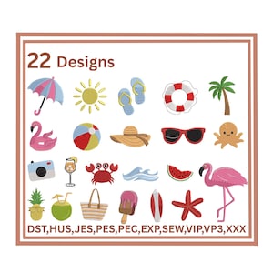 May include: A collection of 22 summer-themed designs, including a pink and blue umbrella, a yellow sun, flip-flops, a life preserver, a palm tree, a flamingo, a beach ball, sunglasses, and a crab. The text "22 Designs" is at the top.