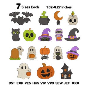 May include: A collection of Halloween-themed embroidery designs featuring bats, a cauldron, a crescent moon, a skull candle, a black cat, a poison apple, a witch hat, a mummy, a tombstone, ghosts, spiders, pumpkins, and a haunted house. Text reads 7 Sizes Each 1.02-4.27 Inches and file formats DST EXP PES HUS VIP VP3 SEW JEF XXX.
