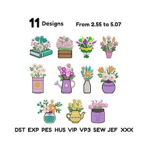 May include: An image featuring 11 embroidery designs of floral arrangements in various containers, including a book, watering can, and vase. The designs are colorful and detailed, with text at the top indicating "11 Designs" and the price range. The bottom text lists embroidery file formats.