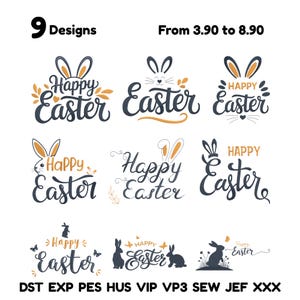 Könnte beinhalten: Neun Designs zum Thema Ostern mit den Worten "Happy Easter" in verschiedenen Stilen. Die Designs beinhalten Hasenohren und -silhouetten mit goldenen und schwarzen Dekorationselementen. Das Bild enthält auch Informationen zum Dateiformat.