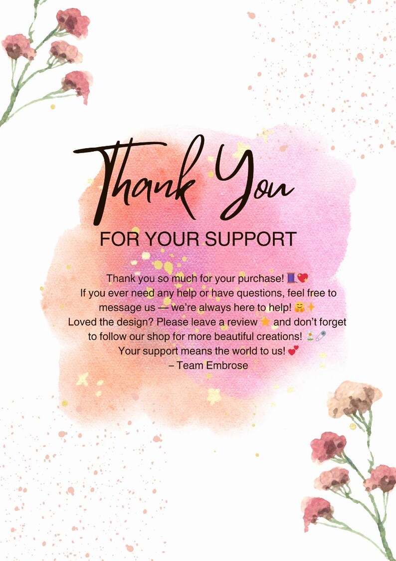 Puede incluir: Una tarjeta de agradecimiento con un fondo de acuarela en tonos rosa y melocot&oacute;n. Las palabras "Thank You" est&aacute;n escritas en una elegante escritura negra. El texto "FOR YOUR SUPPORT" est&aacute; debajo. Acentos florales enmarcan la tarjeta.
