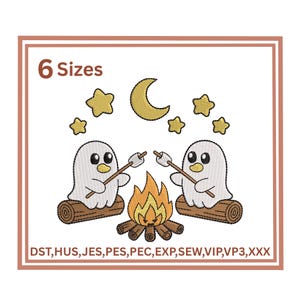 Motif de broderie fantôme mignon feu de camp Broderie d'Halloween fantasmagorique Broderie fantômes d'Halloween Fantômes d'Halloween mignons rôtissant des guimauves
