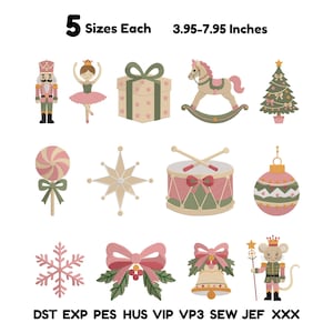 May include: A collection of twelve Christmas-themed embroidery designs including a nutcracker, ballerina, gift, rocking horse, tree, lollipop, star, drum, ornament, snowflake, bow with holly, bell, and mouse. Text reads 5 Sizes Each 3.95-7.95 Inches.