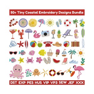 Op de afbeelding: Een bundel van 50+ kleine borduurontwerpen met kustthema's, waaronder een zon, paraplu, zonnebril, vissen en flamingo. De bundel bevat de tekst "50+ Tiny Coastal Embroidery Designs Bundle".