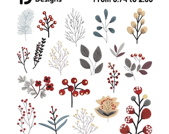 May include: A selection of 19 embroidered floral designs, featuring berries, leaves, and branches in diverse colours. The designs are presented on a white backdrop. Text at the top reads "19 Designs" and "From 0.74 to 2.60".