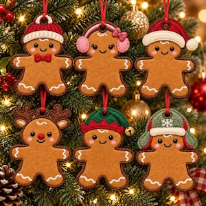 May include: Six felt gingerbread person ornaments hanging by red ribbons. The figures feature embroidered details, including smiling faces, white icing accents, and various accessories like a Santa hat, earmuffs, reindeer antlers, and an elf hat.