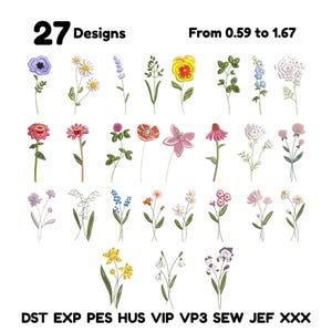 May include: An image showcasing 27 floral designs in various colors and styles. The image includes text indicating the number of designs and a price range. The bottom of the image lists file formats.