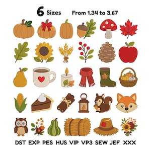 May include: A collection of 30 embroidered autumn-themed icons including pumpkins, leaves, a mushroom, an apple, a sunflower, a mug with a heart, a candle, a scarf, a boot, a basket, corn, pie, cinnamon, a lantern, a squirrel, a fox, an owl, and a hay bale. Text reads 6 Sizes From 1.34 to 3.67 and file formats DST EXP PES HUS VIP VP3 SEW JEF XXX.