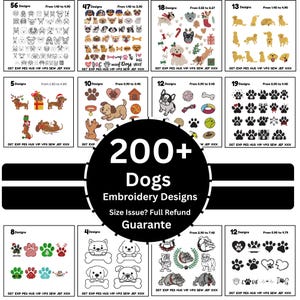 Könnte beinhalten: Das Bild zeigt über 200 Hunde-Stickmuster. Die Designs umfassen verschiedene Hunderassen und Pfotenabdrücke. Die Preisspanne liegt zwischen 0,30 € und 7,40 €. Der Text "Size Issue? Full Refund Guarantee" ist ebenfalls enthalten.