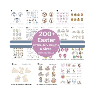 May include: A collection of Easter-themed embroidery designs. The image showcases various designs, including bunnies, eggs, and floral wreaths. The text reads "200+ Easter Embroidery Designs, 6 Sizes, From 2.52 to 5.76 inches."
